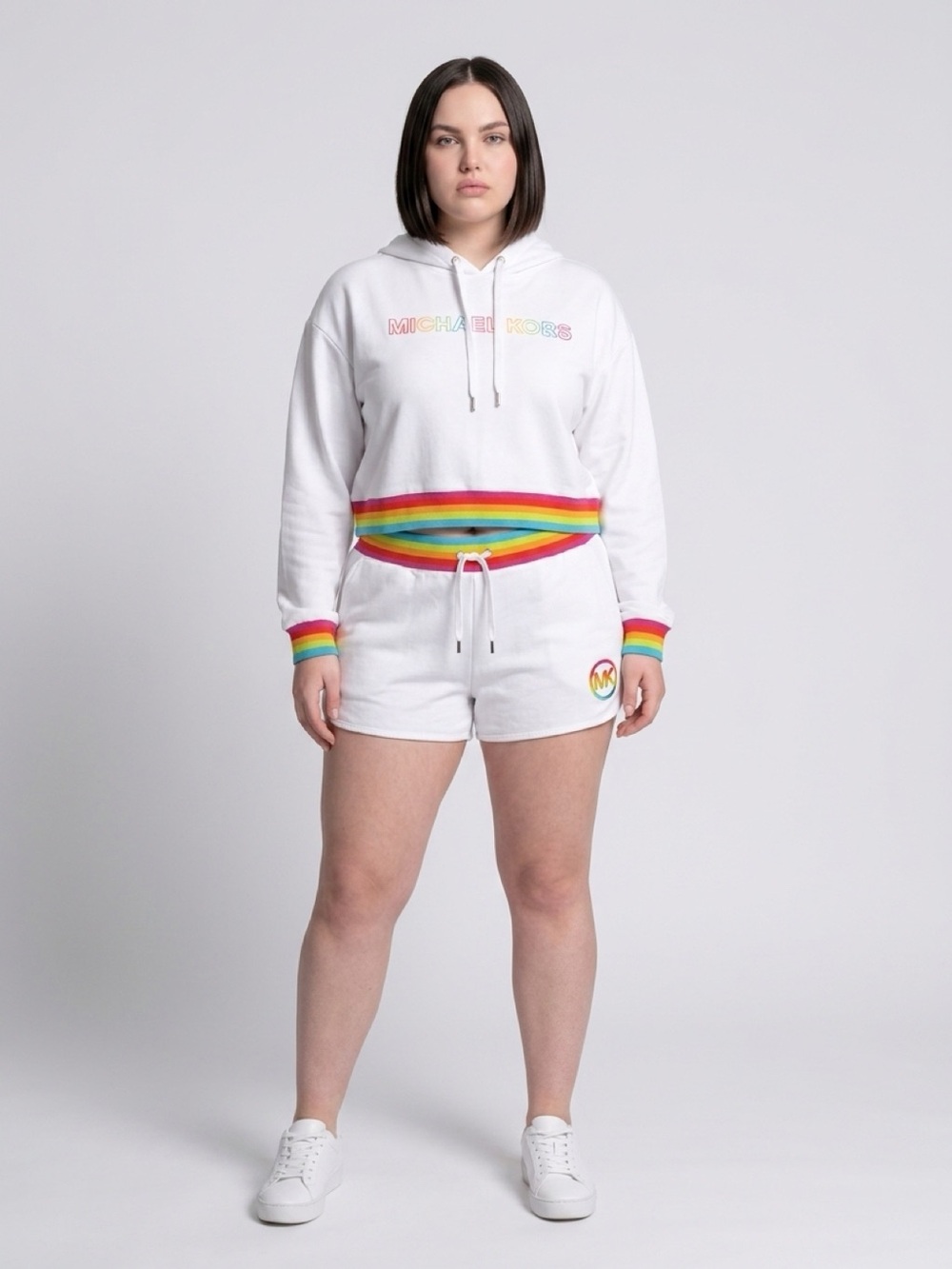 Michael Kors women  White Hoodie & Shorts Set with Rainbow Trim